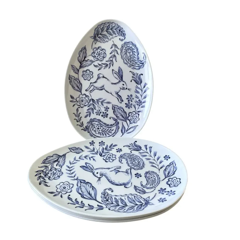 4pc Lillian August Egg Shaped Easter Bunny Melamine Plates 8x6 Blue White New